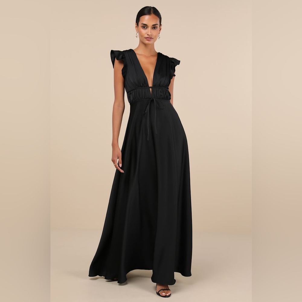 Black Satin Cutout Ruffled Maxi Dress size S new without tag
Lulus